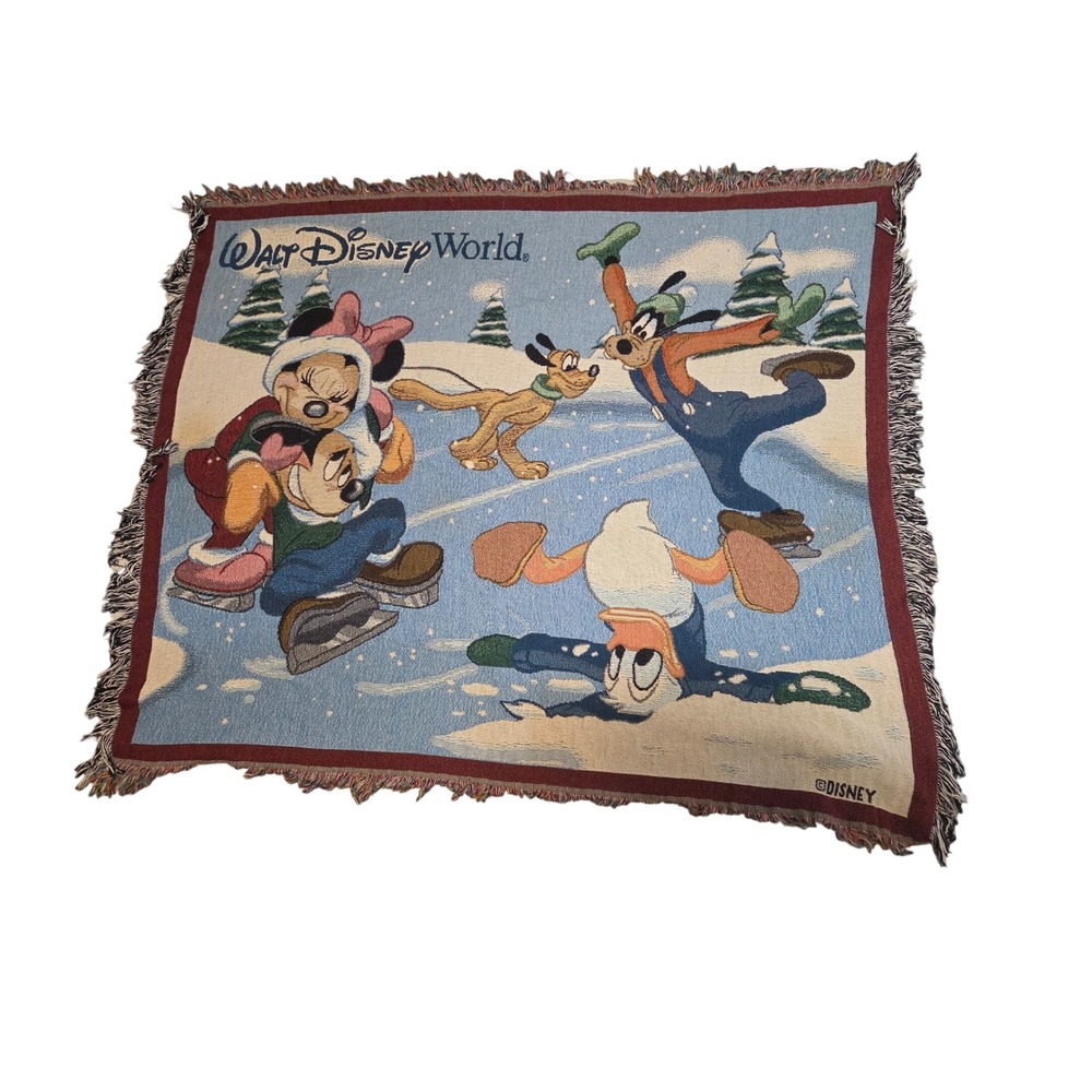 Vintage Walt Disney World Mickey Minnie Donald Goofy Ice Skating Woven Blanket - Picture 3 of 6